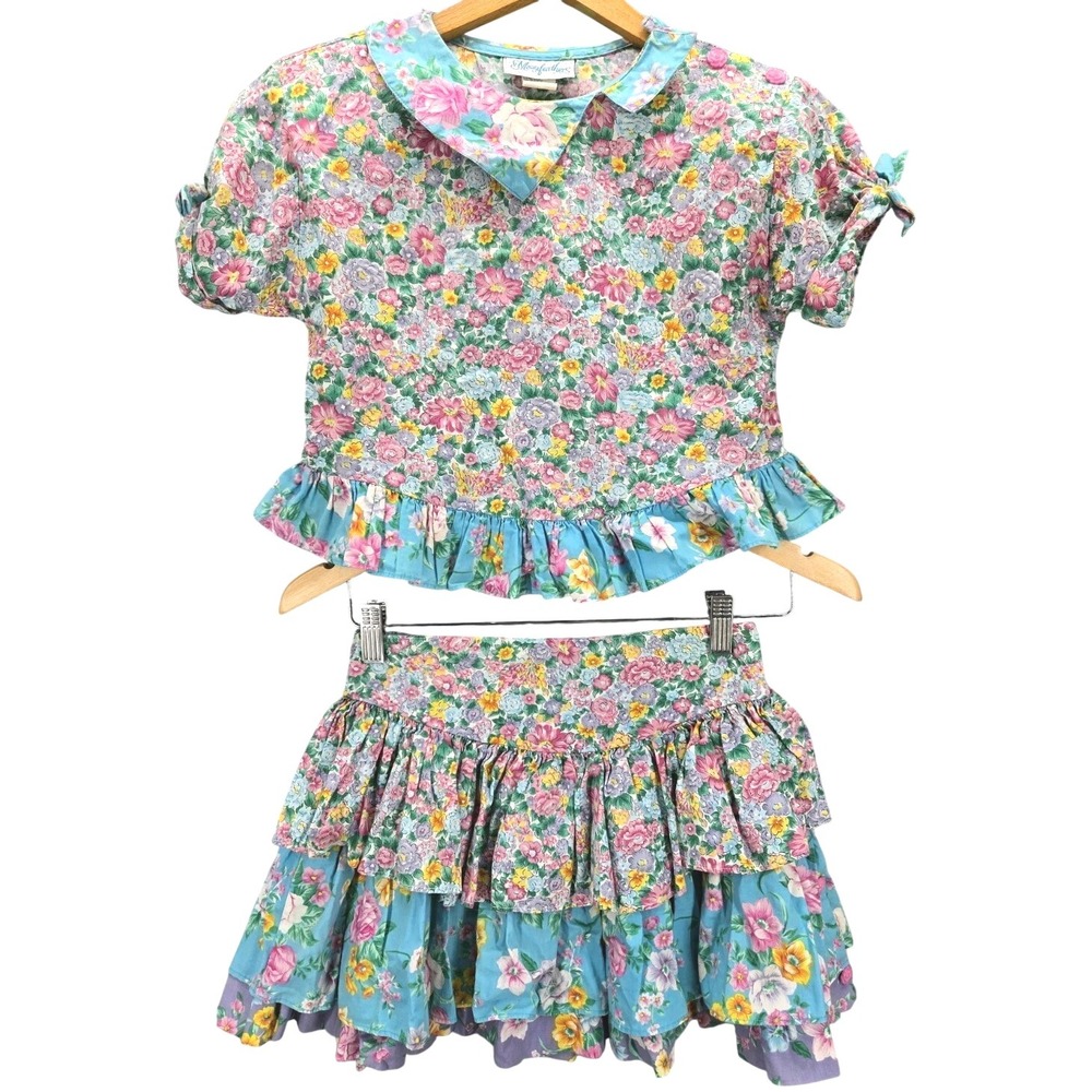 Mousefeathers Vintage Bright Floral Print Tiered Skirt Ruffled Collar 10 Girl